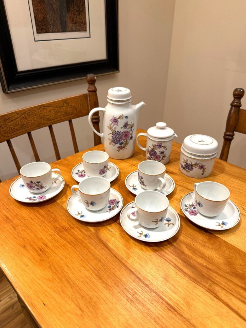 HOLLOHAZA Hungary 1831 Vintage Porcelain Floral Demitasse Coffee Set for‎ 6